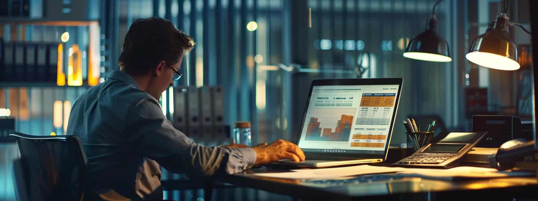 a focused office scene captures an employee analysing detailed payroll reports on a sleek laptop, with financial documents and a calculator in the foreground, emphasising the importance of understanding the upcoming changes to cpp and ei calculations.