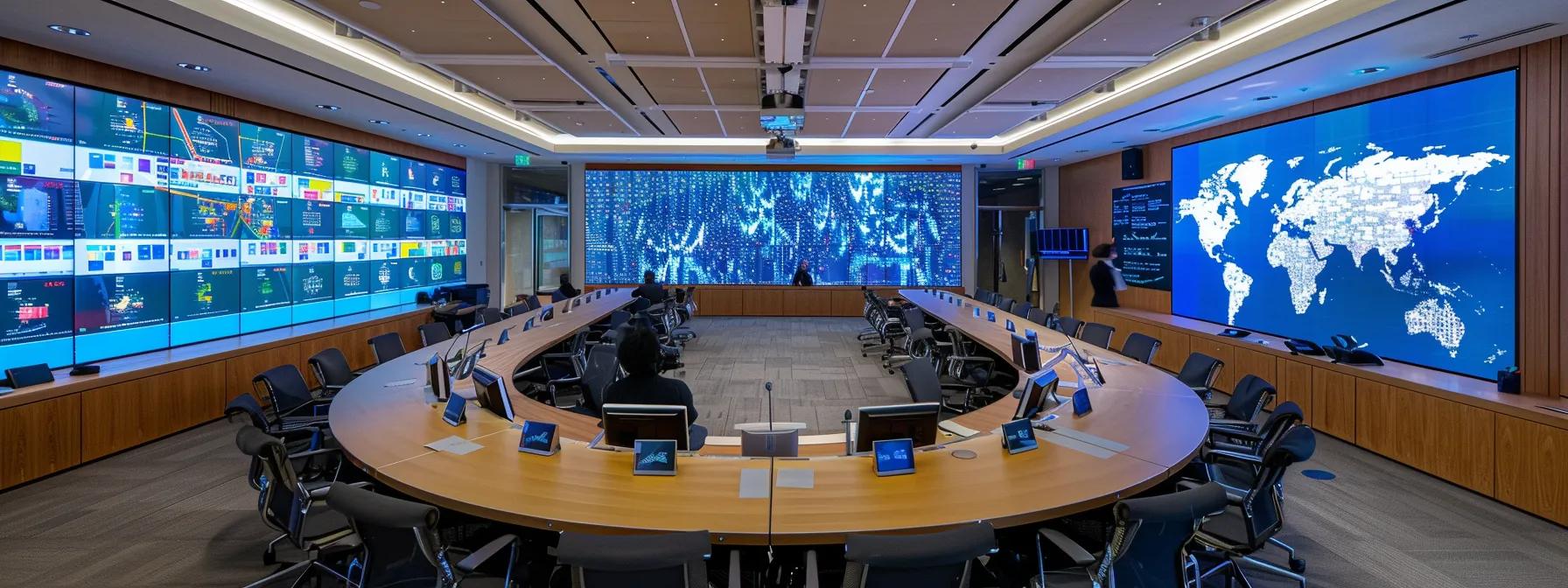 a modern office conference room features a sleek table surrounded by professionals engaged in a dynamic discussion, with digital displays showcasing key slides on cpp and ei legislative changes, emphasising collaboration and innovation in payroll management.