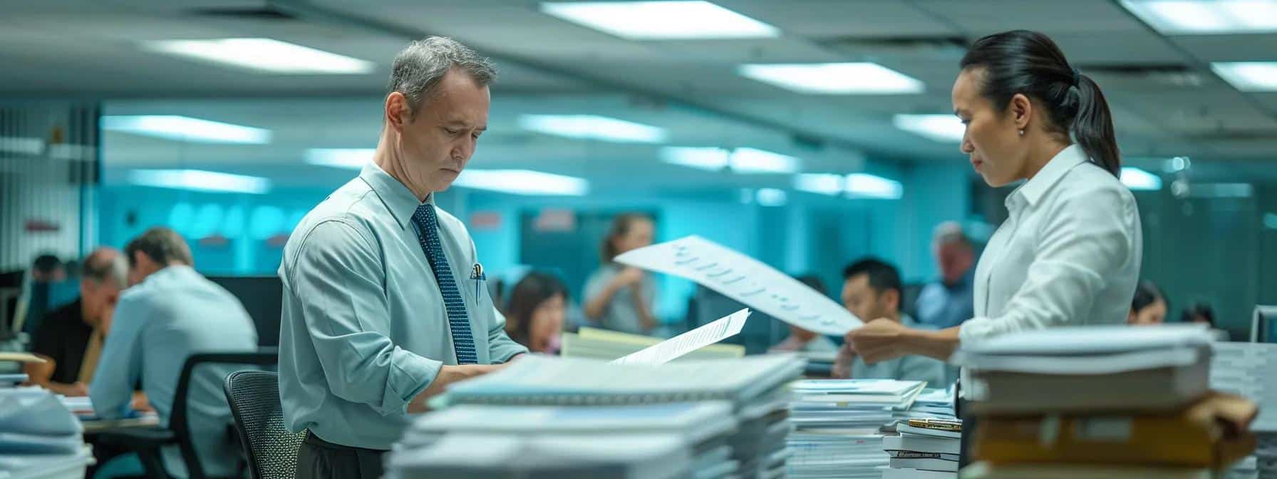 a sharply focused office scene captures a diverse team of accountants meticulously reviewing extensive payroll documents and financial reports under bright, fluorescent lighting, emphasising their collaboration on year-end payroll procedures for cpp and ei deductions.