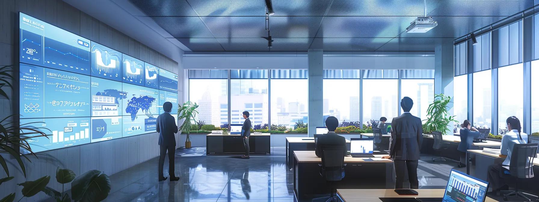 a sleek, modern office space showcases a diverse team of professionals intently examining digital data on screens, with charts and graphs illustrating the complexities of 2025 employment insurance premium calculations for payroll prominently displayed in a collaborative atmosphere.